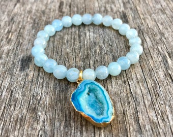 Druzy Slice Bracelet Handmade Agate Slice Charm Bracelet 6mm Grade AAA Aquamarine Beaded Gemstone Bracelet Stack Bracelet Gift Bracelet