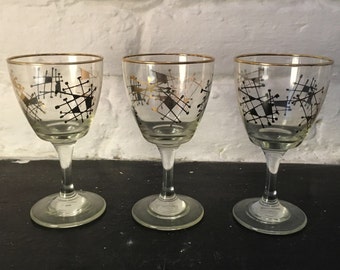3 Vintage Atomic Wine Glasses Black and Gold