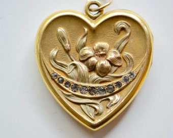 Victorian Gold Fill Heart Locket with Paste Stones WS&B