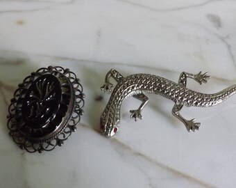 Vintage Sterling Silver Hecho Mexico Pin and Lizaed Pin