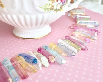 Multi-Color Aura Quartz Bead | Crystal Point Pendant Beads | Side Drilled | Titanium Coated Crystal Point | Aura Crystal Beads | 6 Pieces