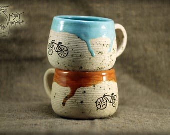Ceramic set with Bicycle, Ceramic mug, Pottery teacup 10 Oz, white cup, clay mug, Bicycle decor, house warming gift, handmade teacup
