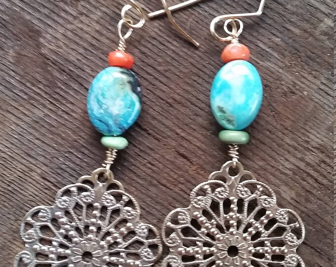 Vintage Brass Dangle Combined with Turquoise, Coral, and Variscite