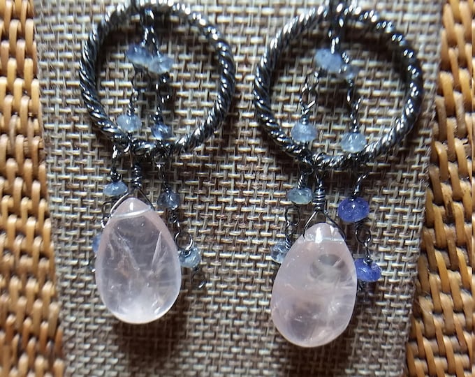Sterling Silver Earrings with a Rose Quartz Dangle and Iolite Rosary Chain