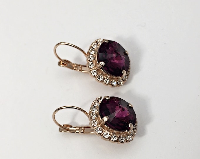 Swarovski® Crystal Dangle Drop Purple Amethyst Color lever back Earrings Set in Rose Gold. Nickel free jewelry!