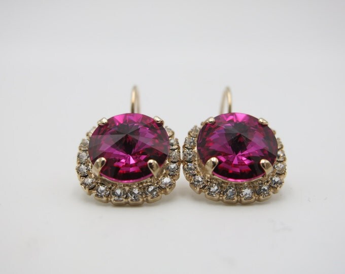 Effortlessly chic sparkly fuchsia pink 12mm Swarovski crystal dangle drop earrings embellished with elegant halos of sparkling pave stones