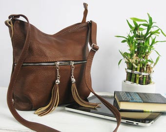 Small Crossbody Leather Bag, brown leather purse, crossbody purse, cognac leather shoulder bag, everyday bag, leather bag, leather tassels