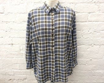 Flannel shirt, olive blue plaid top, oversized 90's fashion