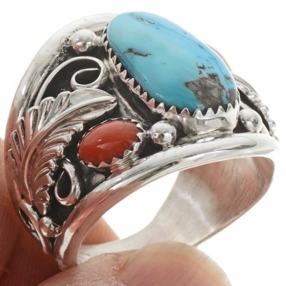 Navajo Turquoise Coral Mens Ring Sterling Silver