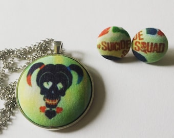 Suicide Squad, Harley Quinn, Joker Necklace Sets// Suicide Squad Fabric Cover Button Jewelry, Harley Quinn Jewelry, Joker Jewelry