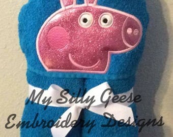 DIGITAL FILE 5x7 Peppa Pig inspired puddle Peeker hooded towel embroidery design hoodie towel topper bow holder
