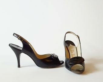 Vintage Leather Pumps | Mr. Neal Slingback Heels | 1950s Eveningwear | US 7 / UK 6 / EU 39