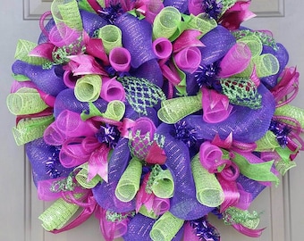 Bright colored Deco Mesh Wreath, Purple Wreath, Green Wreath, Hot Pink Wreath, Colorful Wreath, Spring Wreath, Front Door Wreath, Wreath