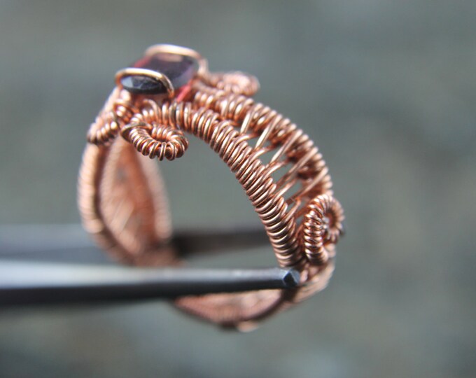 Copper Wire Weave Garnet Gemstone Ring Size 8, Wire Wrap January Birthstone Jewelry, Unique Birthday or Valentine's Day Gift for Him or Her