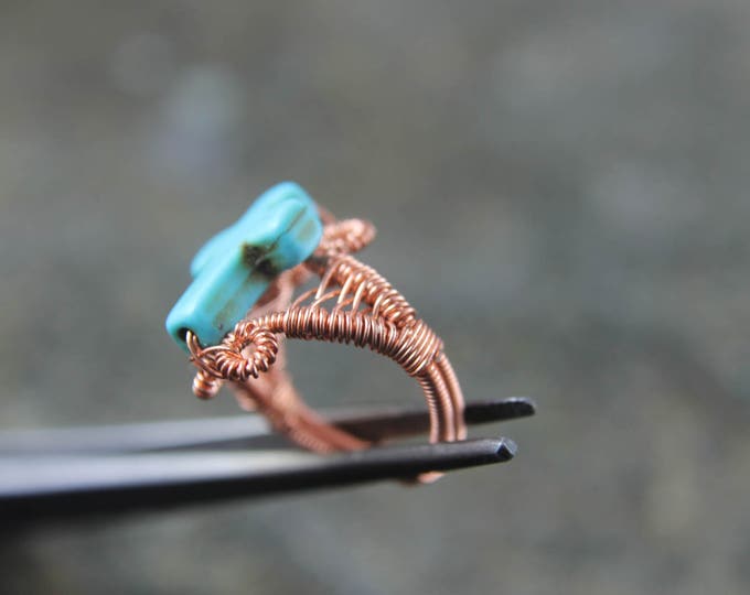 Copper Wire Weave Cross Ring Size 4.5, Wire Wrap Beaded Jewelry, Turquoise Howlite, Unique Religious Gift for Him or Her