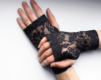 Black lace gloves goth arm warmers fingerless gloves- WRW 1F