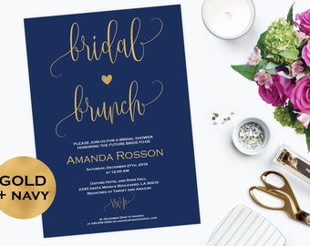 Navy Blue and Gold Bridal Brunch Invitation - Printable Bridal Shower Invite - Bridal and Brunch - Printable Bridal Wedding Shower #WDH0102