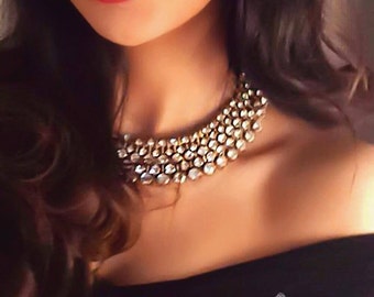 Silver and Gold Rhinestone Statement Bib Necklace