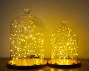 Glass Cloche | Glass Heart Topped | Bell Jar Display Dome | Bamboo Base