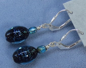 Aqua - Green - Black Dichroic Glass Leverback Earrings #1 Sterling Silver #160653 - Free Shipping to the USA