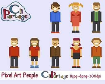 PIXEL ART PEOPLE cliparts, Pixel Characters Clipart,Instant Download, scrapbooking, Clip Art Vectors, Clip Art
