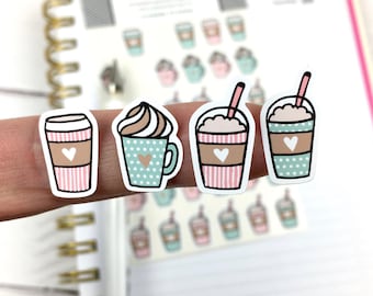 Coffee Stickers, Cute Stickers, Pink and Mint, Planner Stickers, Bujo Stickers, Sheet of 36 Stickers