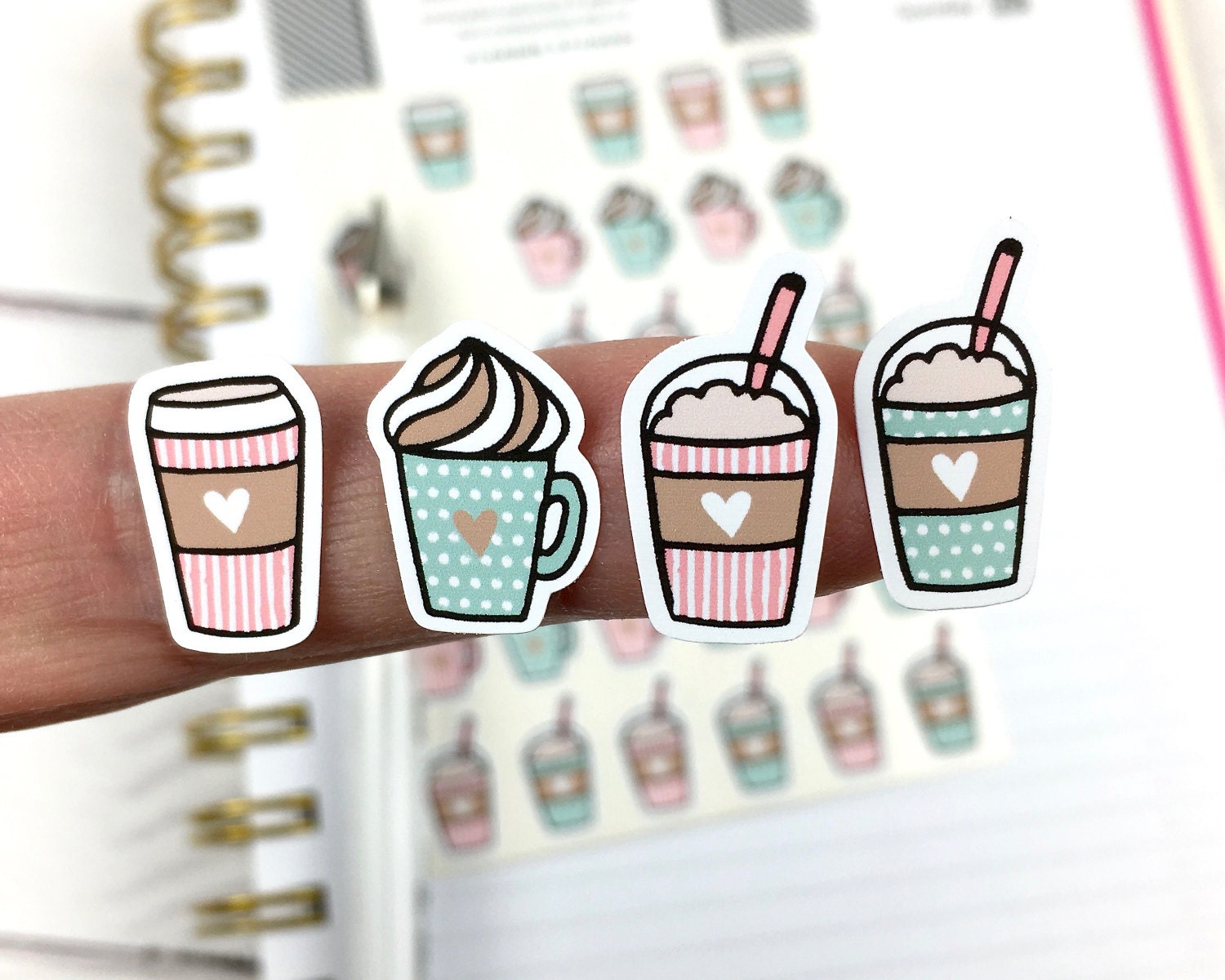 coffee stickers cute stickers pink and mint planner