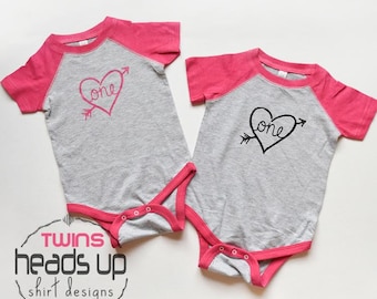 Twin First Birthday Onesies Girl - Twin One Baby Girl Birthday Shirts Raglan - 1 Bday tshirts Twin Girls - 1st Birthday Onesies Twins -