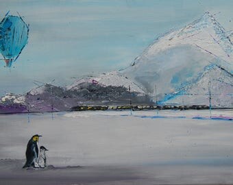 Penguins original oil painting on canvas palette knife ready to hang
