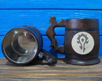 Horde Wooden Beer Mug, World Of Warcraft Engraved Beer Mug Gift, Horde Mug, WOW Handmade Wooden Mug, WOW01