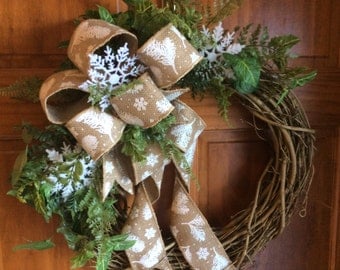 Winter Wreaths, Grapevine Wreath, Burlap Ribbon Wreaths, Front Door Wreaths, Wreaths,