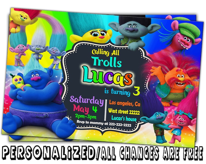 Trolls invitation FREE Thank You Tags Trolls invitations trolls invite trolls party trolls birthday trolls printable digital file