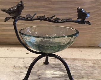 Blown Glass Soap Dish with Metal Bird and Leaf Accent / Soap Dish / Glass Soap Dish / Decorative Soap Dish