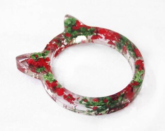 Ring cat 18 mm red green flowery resin - colored dried flowers nature jewelry