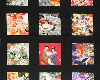 Japanese fabric squares x 18 - quilting squares - oriental fabric - Japanese print - geisha fabric - geisha panel - Japanese fabric