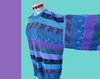 Vintage Vaporwave Sweater Colours by Alexander Julian Big & Tall Extra Large Made In USA Extra Long Sleeves Blue Purple Geometric 1990s