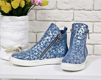 Blue Hi Tops Womens Sneakers Leather Shoes for Women Casual Shoes Platform Sneakers Blue boots