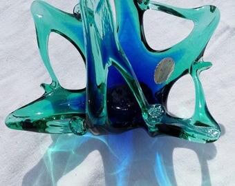 Murano Glassware, Italian Art, Glass Basket in Blues and Greens.