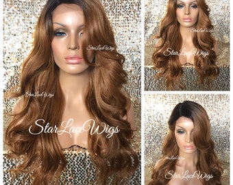 Long Loose Curls Auburn Strawberry Blonde Wig - Dark Roots - Bangs - Middle Part - Loose Waves Heat Resistant Safe