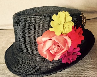 Black flowered Trilby Hat
