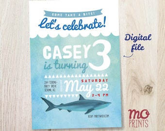 Shark Birthday Invitation - shark theme party - shark invitation - shark party - 5x7 invite - printable digital file