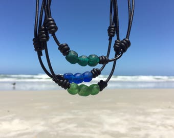 Sea Glass Necklace for Men Leather Glass Necklace Mens Boho Necklace Mens Bohemian Necklace Glass Pendant Sea Glass Jewelry African Glass