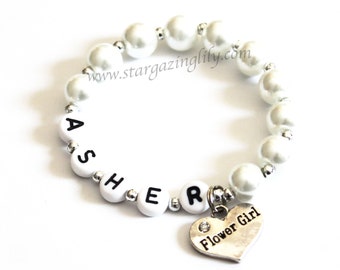 Flower Girl Bracelet Personalized with name. White Pearl bracelet for Flower Girls. Rhinestone heart charm YOU CHOOSE COLOR. Name Bracelet
