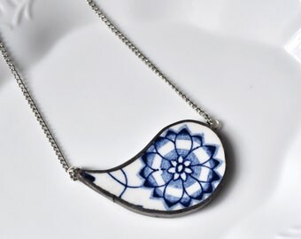 Broken China Jewelry Paisley Necklace - Blue Onion