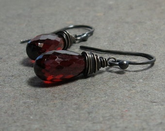 Garnet Briolette Earrings January Birthstone Wire Wrapped Oxidized Sterling Silver Earrings Gift for Her