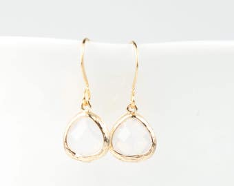 Tiny White Opal Gold Earrings, October Birthstone Gold Earrings, White Gold Earrings, October Birthstone Earrings, October Birthday Gift