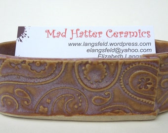 Sunset Pink Textured Paisley Handmade Ceramic Pottery Business Card Holder