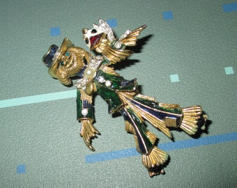 Vintage Enamel and Rhinestone Scarecrow and Bird Pin