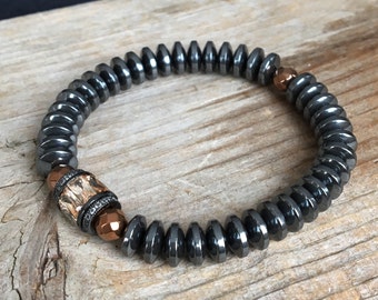Sleek Smooth Black Heishi Hematite Beads, Striking Gunmetal Crystal Brown Copper Faceted Spacer Beaded Stretch Bracelet