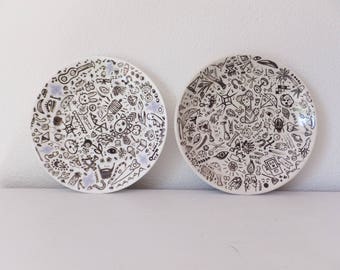 Pop Art Decorated Plate Boho Art Plate Decorative Plate Illustrated Plate Black & White Decor Modern Decor Painted Dish Painted Plate